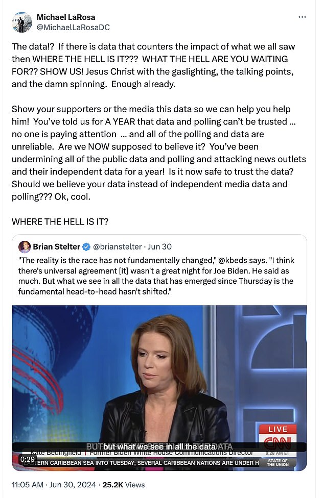 In an X post Sunday and then during a Fox & Friends interview Monday morning, the former East Wing spokesman asked to see 'The data?!' that purportedly showed that the race was virtually unchanged after Biden's rough debate