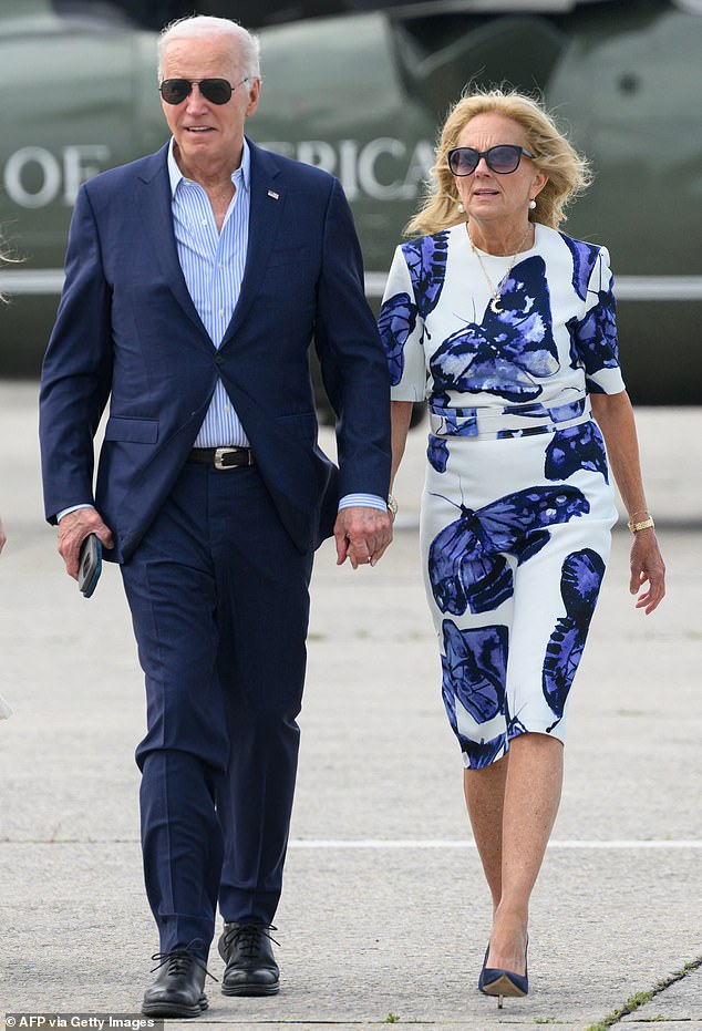 President Joe Biden (left) and first lady Jill Biden (right) are pictured during a trip to the Hamptons to raise funds for the reelection campaign on Saturday. LaRosa said Dr. Biden wouldn't be supporting the president staying in the race if that's not what he wanted
