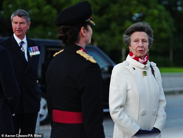 Princess Anne is 'deeply saddened' to miss out on the First World War commemoration event in Canada as she continues to recover after being struck by a horse (Pictured in May arriving at the Bayeux War Cemetery to mark the 80th anniversary of D-Day)