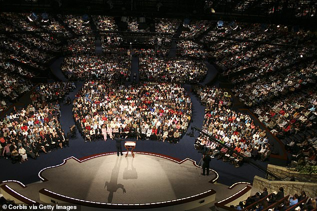 The church receives millions in donations from churchgoers who heed Osteen's demands for donations during sermons, and operates on an annual budget of around $70million. One of Osteen's sermons is seen here