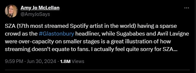 Taking to Twitter once again, fans wrote: ' SZA should¿ve definitely swapped with the Sugababes at Glasto. Some really odd stage and set times this year'