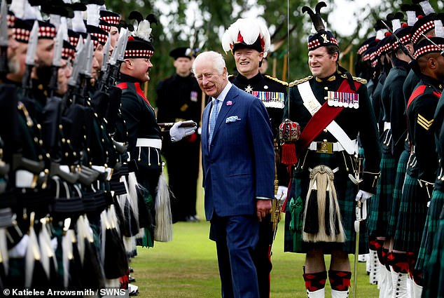 King Charles pictured inspecting the Balaklava Company at the Ceremony of the Keys in Edinburgh