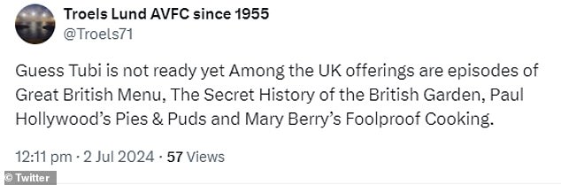 Another user made fun of Tubi's seemingly random focus on British cooks Mary Berry and Paul Hollywood - stars of 'The Great British Bake Off'