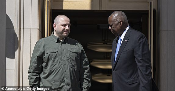 WASHINGTON DC, UNITED STATES - JULY 2: U.S. Secretary of Defense Lloyd Austin (R) welcomes Ukraine's Defense Minister Rustem Umerov (L) with an official ceremony to the Pentagon in Washington, United States on July 2, 2024. (Photo by Celal Gunes/Anadolu via Getty Images)