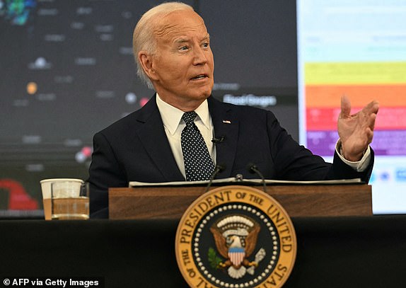 US President Joe Biden speaks about extreme weather at the DC Emergency Operations Center in Washington, DC, July 2, 2024. (Photo by Jim WATSON / AFP) (Photo by JIM WATSON/AFP via Getty Images)