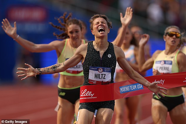 Hiltz set the meet record with their run at 3 minutes and 55.53 seconds at the Olympic trials
