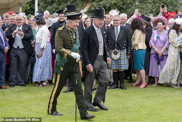 His Majesty, accompanied by the Queen and the Duke and Duchess of Edinburgh, greeted hundreds of the 8,000 guests gathered at the Palace of Holyroodhouse, his official Scottish residence