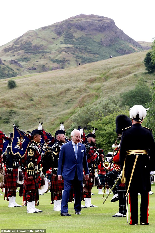 Pictured: His Majesty meets with Service Chiefs before receiving a Royal Salute and inspecting the Balaklava Company, 5 SCOTS Guard of Honour