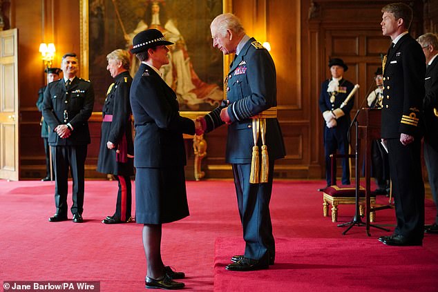 Police Service of Scotland PC Stephanie Rose, from Denny, is decorated with the King's Police Medal by King Charles III