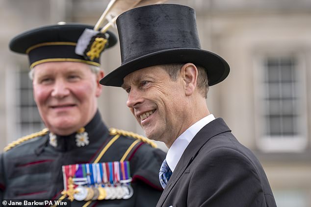 The Duke of Edinburgh, 60, who is the youngest of the King’s siblings, appeared cheerful to accompany Charles at the event