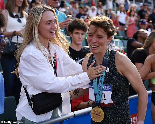 Emma Gee and Nikki Hiltz react after Hiltz won the women's 1500 meter final at the US trials