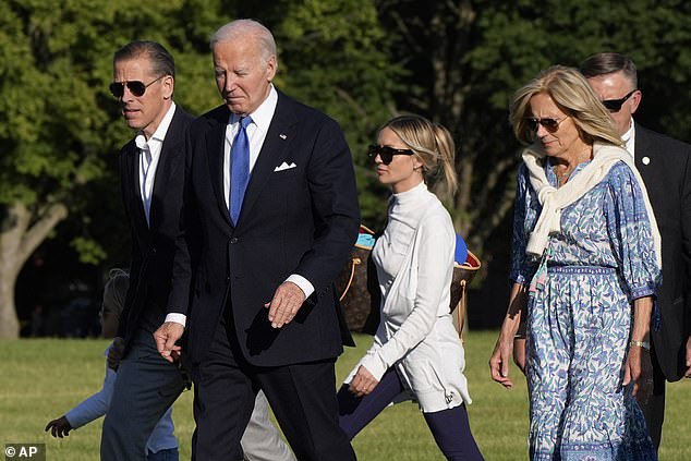 Hunter Biden (left) is seen returning to the White House Monday evening alongside (from left) son Beau, President Joe Biden, Melissa Cohen and first lady Jill Biden