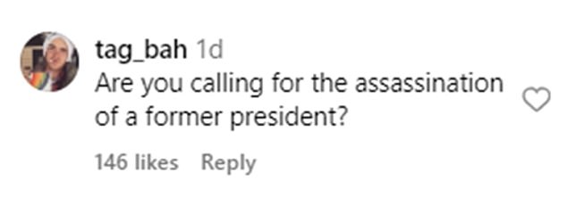 Commenters were quick to accuse her of 'domestic terrorism', with one asking if she was calling for the assassination of a former president