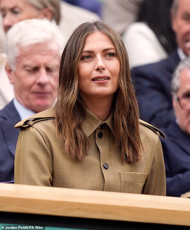 Maria pictured at Wimbledon today. She attended with her husband and appeared to be in high spirits