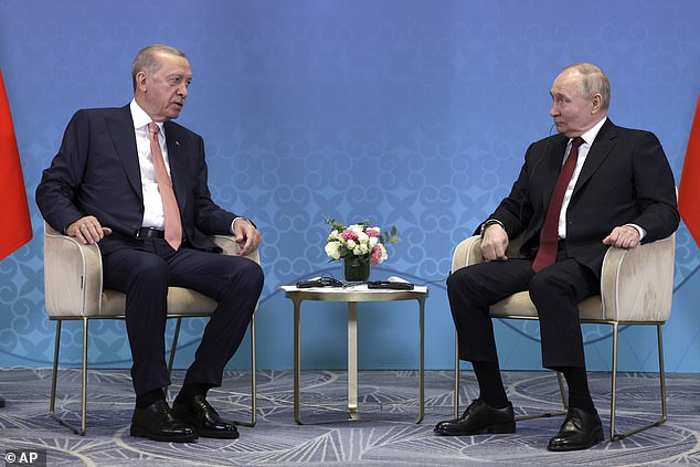 President Recep Tayyip Erdogan of Turkey meets with Putin at the SCO summit in Astana