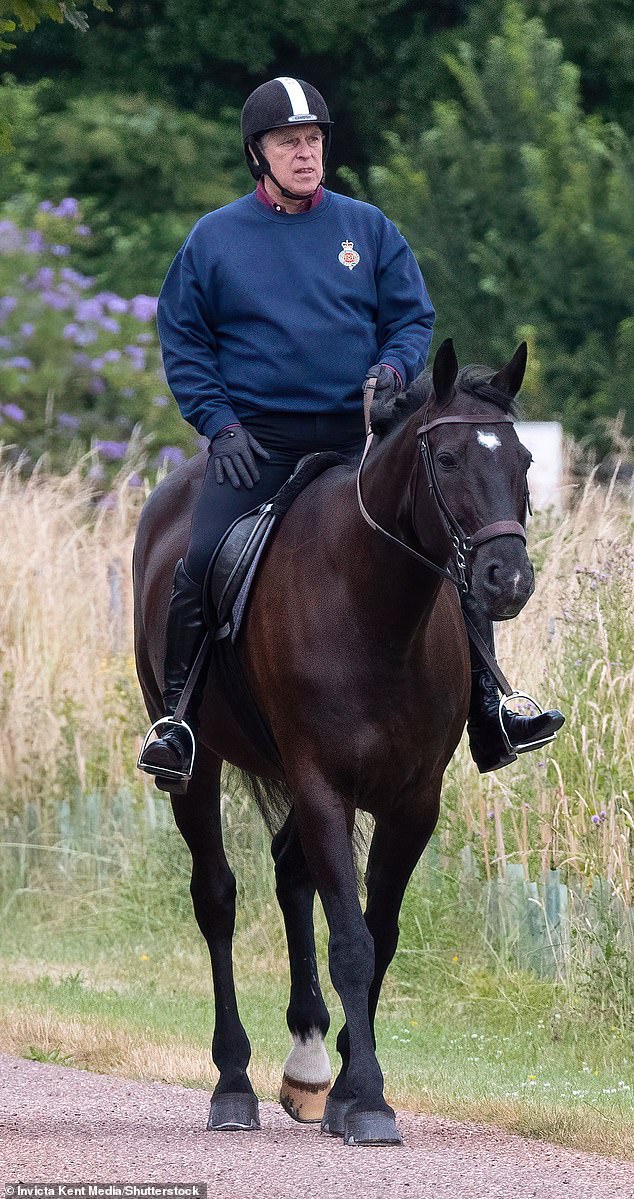 The King's brother, 64, who no longer has official royal duties after stepping back following the Jeffrey Epstein scandal, donned a blue jumper over a red shirt, teamed with black trousers and riding boots