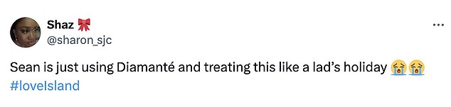 But viewers watching at home were unsympathetic, taking to social media to accuse Sean of merely trying to 'impress' the other boys and treat Casa Amor as a 'lads holiday'