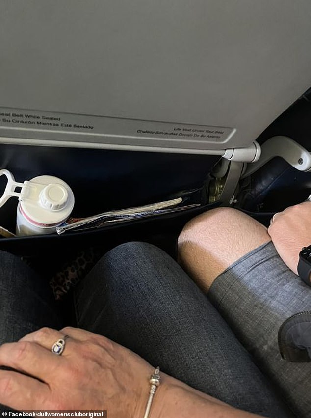 Brenda was seated in the middle aisle until the passenger beside her took his spot. The 'rude' man spread his legs wide enough that one was on Brenda's side, touching her leg (pictured)