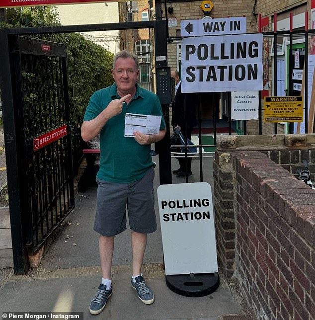 Journalist Piers, 59, also headed to cast his vote as he posed outside the polling station in a T-shirt and shorts