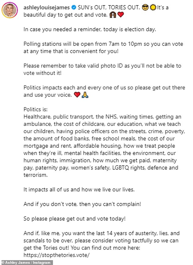 Former Made In Chelsea star Ashley James took her daughter to the polling station as she urged her followers to vote out the Conservatives in an impassioned post