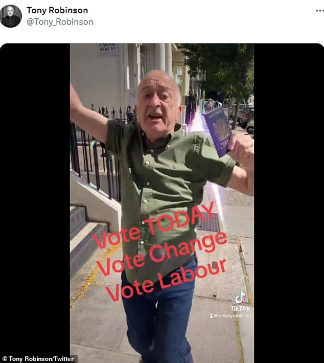 Dancing on his way to the polling station as Tony, 77, excitedly waved his hands in the air and appeared in great spirits as he coined his own tune