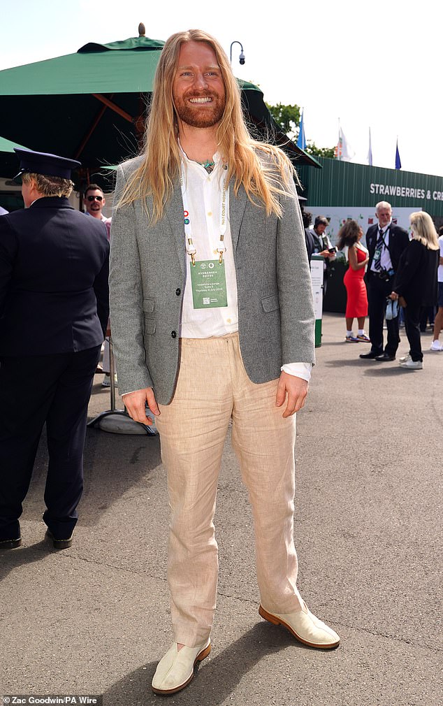 Eurovision star Sam Ryder was also enjoying day four of the tennis event and wore a beige and grey suit