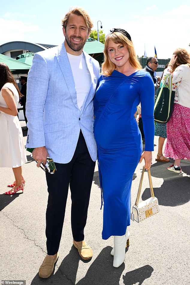 Pregnant Camilla Kerslake and her handsome husband Chris Robshaw arriving for day four of Wimbledon on Thursday
