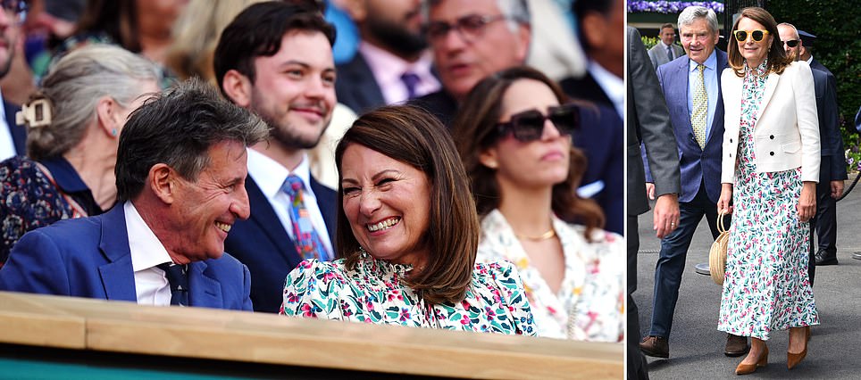 Carole Middleton giggles with Seb Coe in the Royal Box at Wimbledon as she enjoys a day