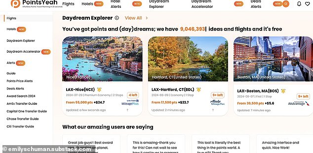 The second site on his list is PointsYeah, which he describes as 'a versatile and free award travel search tool that's quickly gained popularity among points and miles enthusiasts'