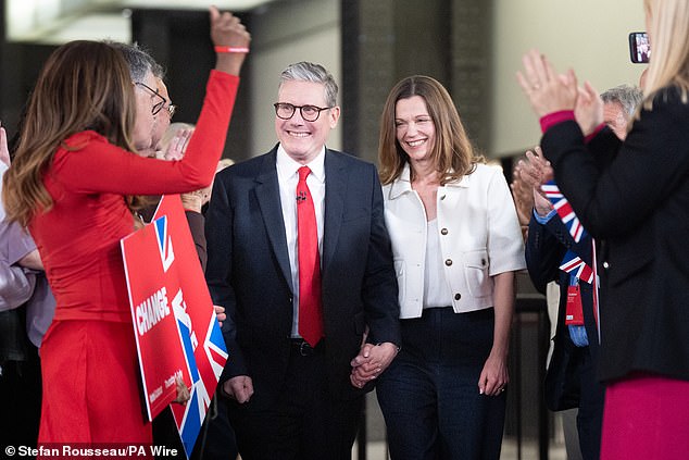 Labour leader Sir Keir Starmer and his wife Victoria Starmer at a results party in London today