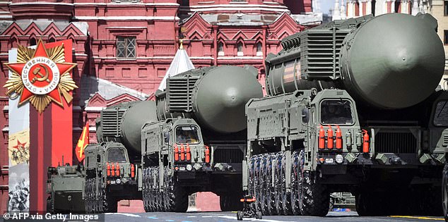 Russian Yars intercontinental ballistic missile launchers parade through Red Square during the Victory Day military parade in central Moscow on May 9, 2022