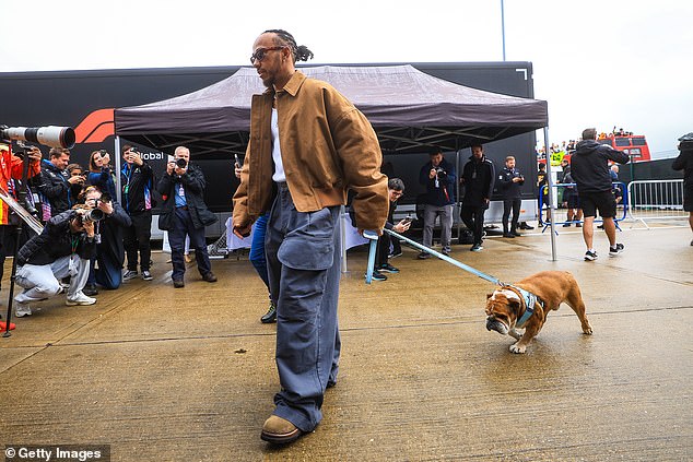 The F1 Mercedes driver, 39, put on a casual display for the glitzy festival - which runs from July 4-7 - as he arrived in the paddock with his beloved pooch, Roscoe