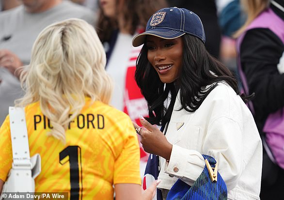 Megan Davison (left), wife of England goalkeeper Jordan Pickford, and Tolami Benson (right), partner of England's Bukayo Saka, before the UEFA Euro 2024 match at the Frankfurt Arena in Frankfurt