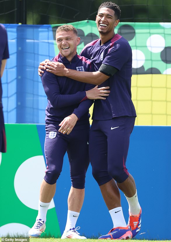Trippier looked happy and relaxed during England training yesterday, where he's seen with Jude Bellingham