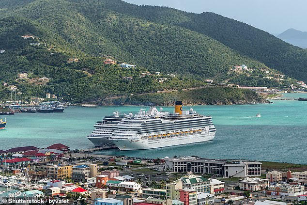 Cruise ships Riviera and Costa Magica moored in the British Virgin Islands. Cruise ship passengers here outnumber residents 11 to one