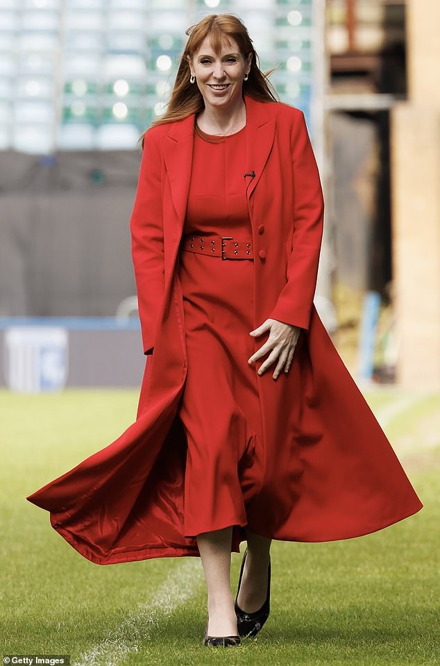 This year, Rayner's wardrobe is largely all about the power dress. Pictured: Angela Rayner in a marvellous rose-coloured dress and flowing jacket at Gillingham football club on May 23, 2024