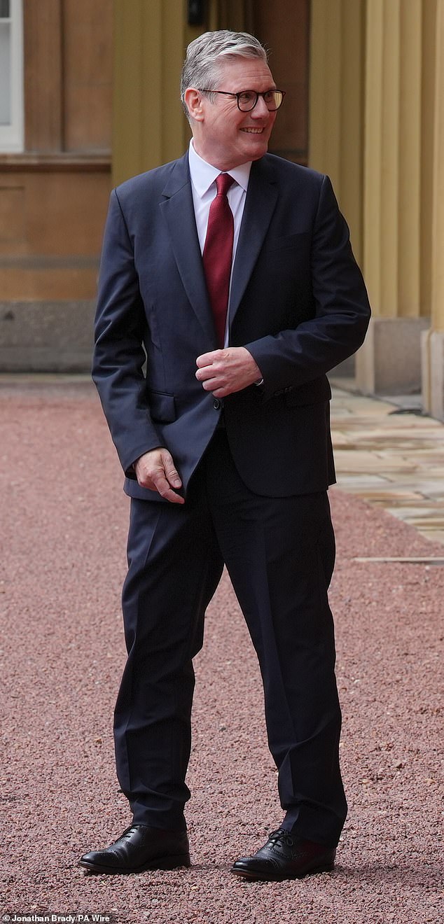 Sir Keir Starmer opted for a clean-cut look in a sharp suit for his first day as Prime Minister (pictured after an audience with King Charles III at Buckingham Palace on Friday)