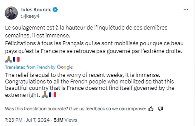 Several members of Didier Deschamps' France squad, including Jules Kounde, have been celebrating France's election results online