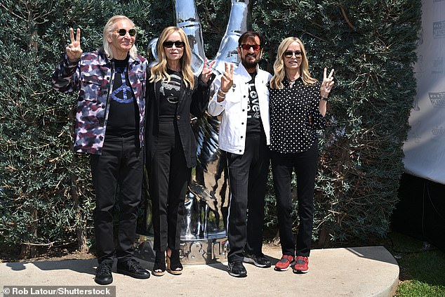 He was joined by his wife of 43-years Barbara, 77, looking effortlessly chic in a black polka dot shirt, her sister Marjorie Bach and her Eagles guitarist husband Joe Walsh