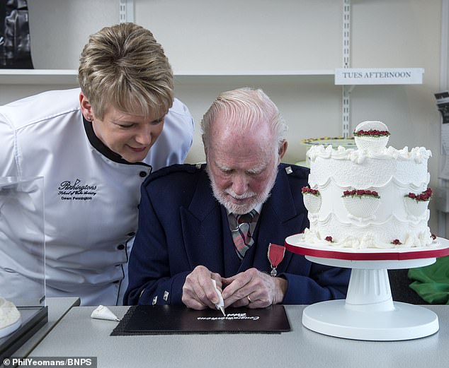 Eddie Spence demonstrates his piping skills in 2018 when he retired aged 85