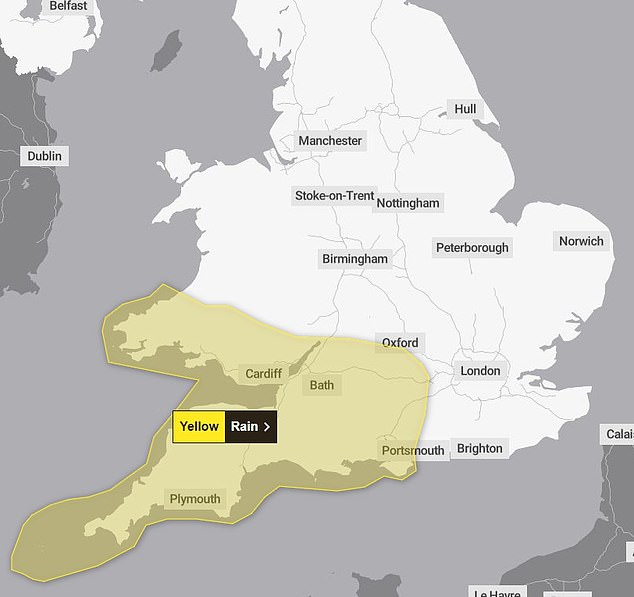 A yellow weather warning for rain has been issued across parts of southern England and south Wales, with up to 70mm expected in some areas