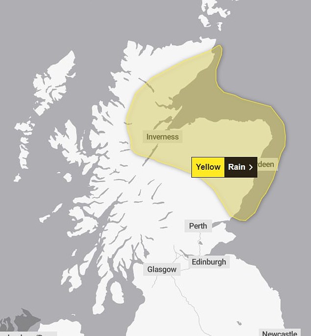A second yellow weather warning for rain has been issued in Scotland from 10pm on Tuesday until 11.59pm on Wednesday, covering areas including Angus, Aberdeenshire, Moray and the Highlands