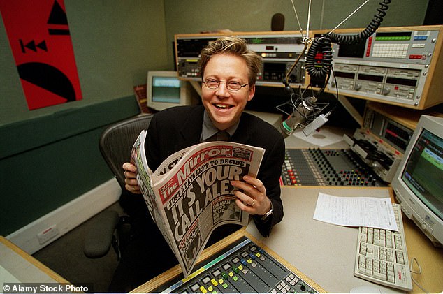 Mayo pictured in the BBC radio booth in 1999. He also moved on from the broadcaster and has ended up at Greatest Hits Radio