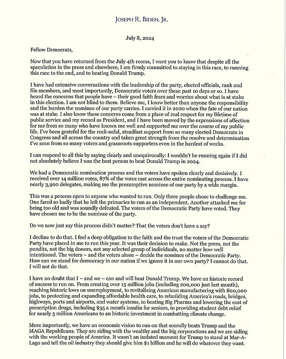 President Biden Letter to Congressional Democrats