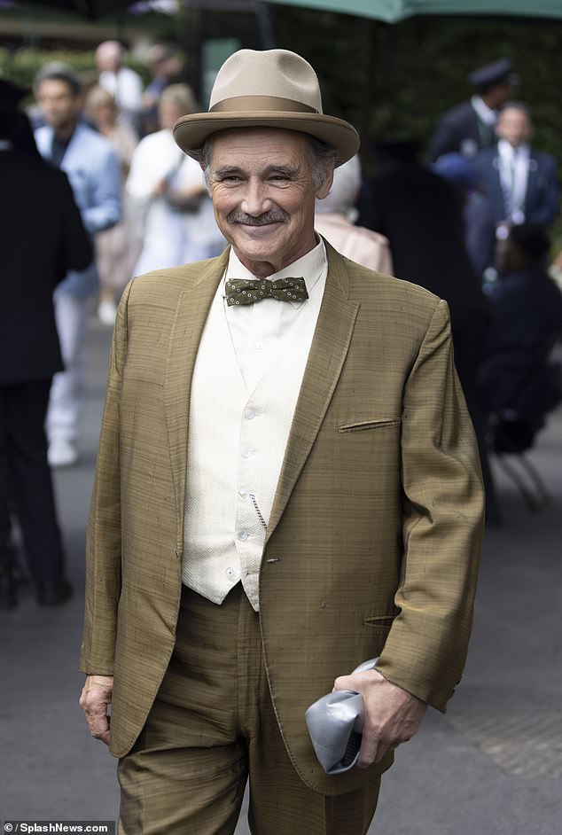 Oscar winning actor Mark Rylance cut a very dapper figure in a khaki suit with a matching spotted bowtie and a suede hat