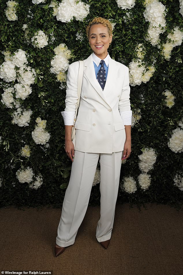 Nathalie Emmanuel, wearing Ralph Lauren, attends the Ralph Lauren Suite during The Championships