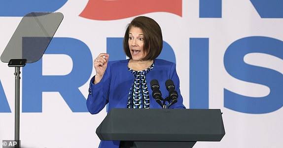 U.S.  Catherine Cortez Masto, D-Nev., speaks prior to Vice President Kamala Harris' arrival at a post debate campaign rally, Friday, June 28, 2024, in Las Vegas. (AP Photo/Ronda Churchill)