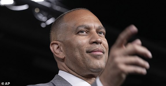 House Minority Leader Hakeem Jeffries, D-N.Y., speaks during his weekly news conference, Thursday, June 27, 2024, on Capitol Hill in Washington. (AP Photo/Mariam Zuhaib)