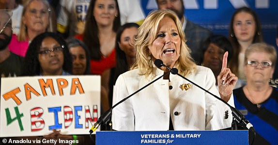 TAMPA, FLORIDA  JULY 8: First Lady Jill Biden speaks during the launch campaign event for Veterans and Military Families for Biden at the American Legion Seminole Post 111 in Tampa, Florida, on July 8, 2024. (Photo by Miguel J. Rodriguez Carrillo/Anadolu via Getty Images)