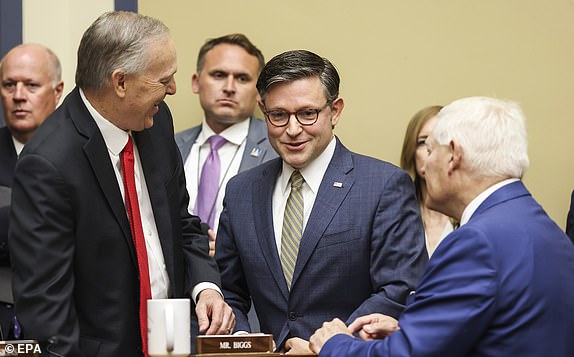 epa11491472 US Speaker of the House Mike Johnson (C) talks with Republican representative Andy Biggs of Arizona (L) and Republican representative Pete Sessions of Texas (R) as he arrives for the start of a US House Oversight and Accountability Committee hearing with Director of the United States Secret Service Kimberly Cheatle (not pictured) on Capitol Hill in Washington, DC, USA, 22 July 2024. Cheatle was called to testify before Congress following security lapses in the 13 July 2024 assassination attempt on Republican presidential candidate and former US president Donald J. Trump.  EPA/MICHAEL REYNOLDS